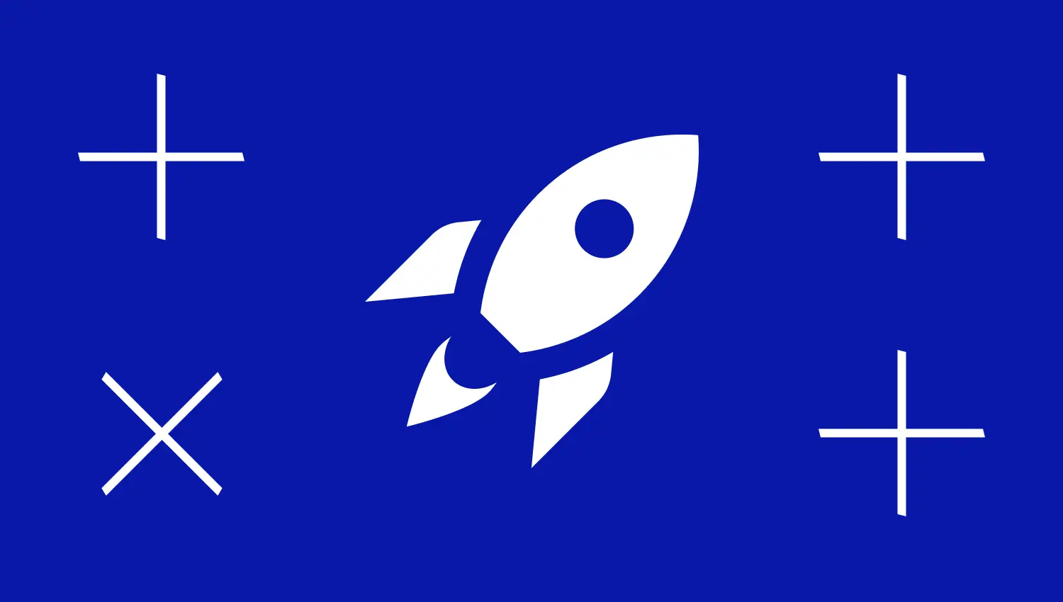 Eine Rakete auf blauem Hintergrund mit vier Kreuzen