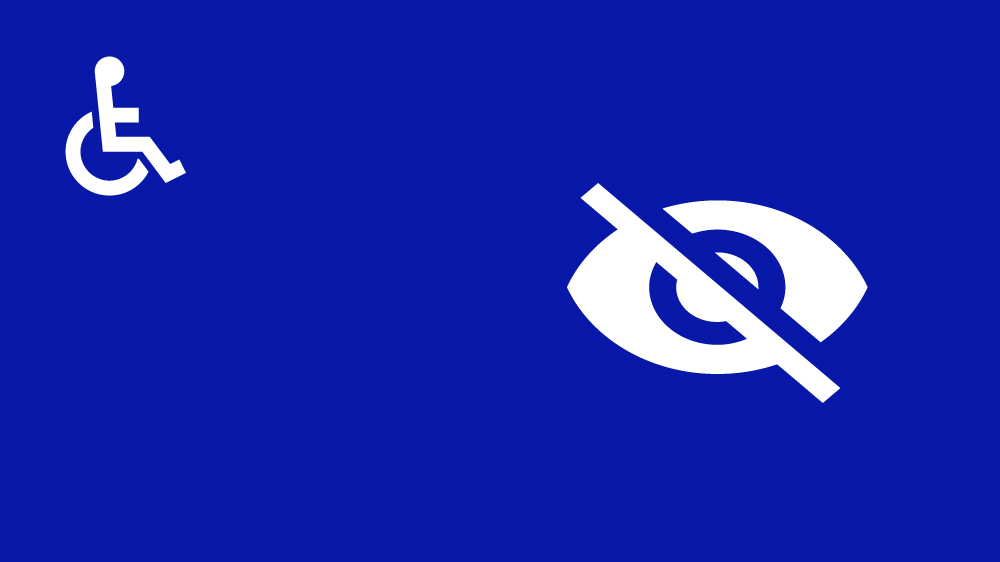 Durchgestrichenes Symbol für Sehbehinderung auf blauem Hintergrund
