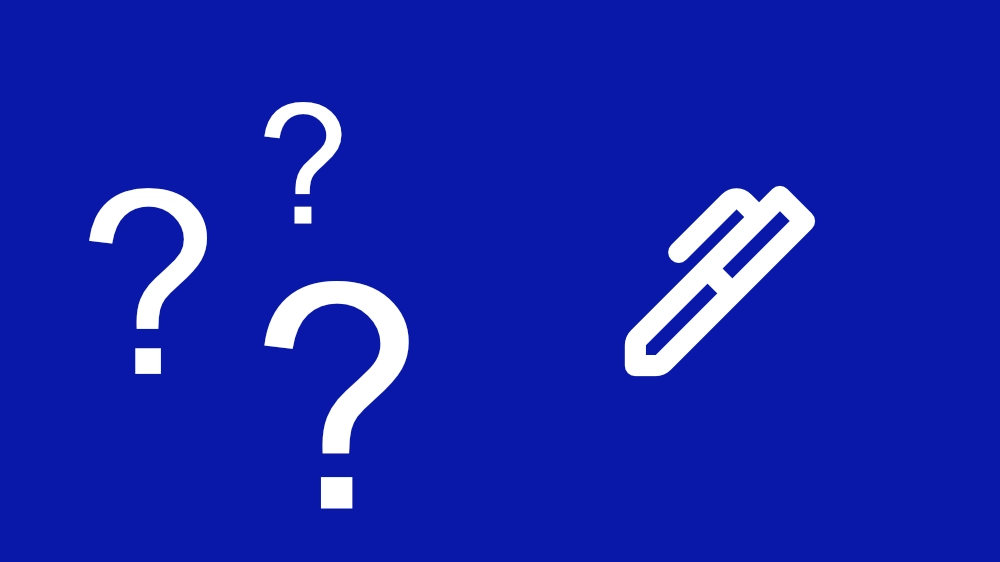 Fragezeichen und Stift-Icon auf blauem Hintergrund