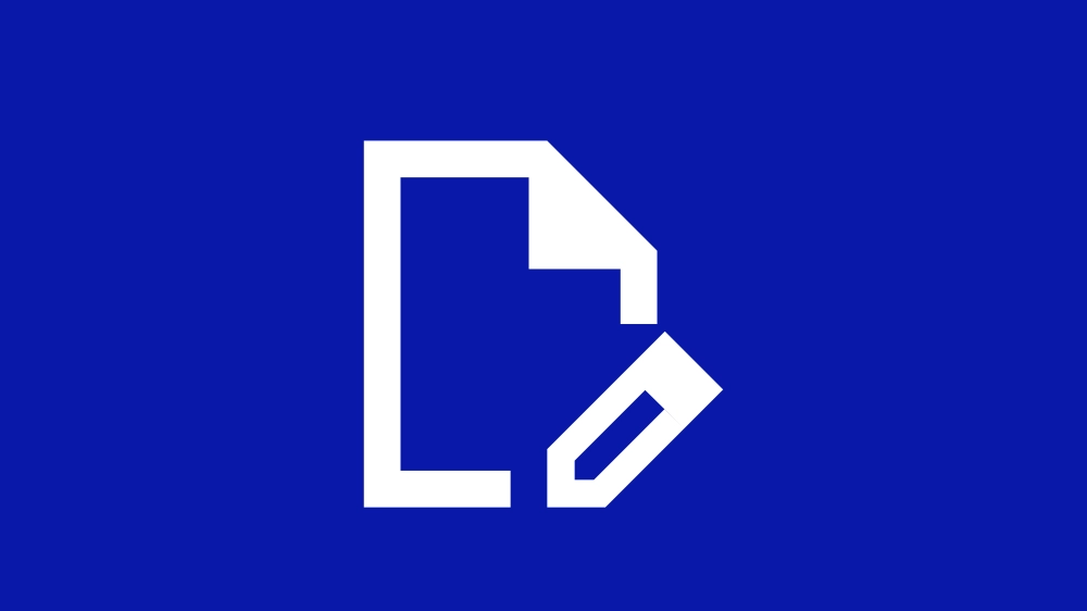 Weiße Icon eines Dokuments mit Stift auf blauem Hintergrund