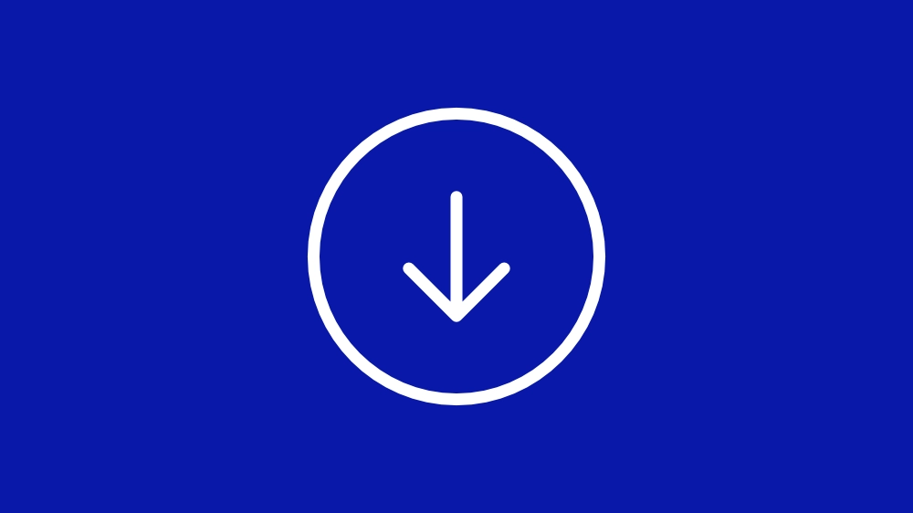 Weiße nach unten gerichtete Pfeil-Icon in einem Kreis auf blauem Hintergrund