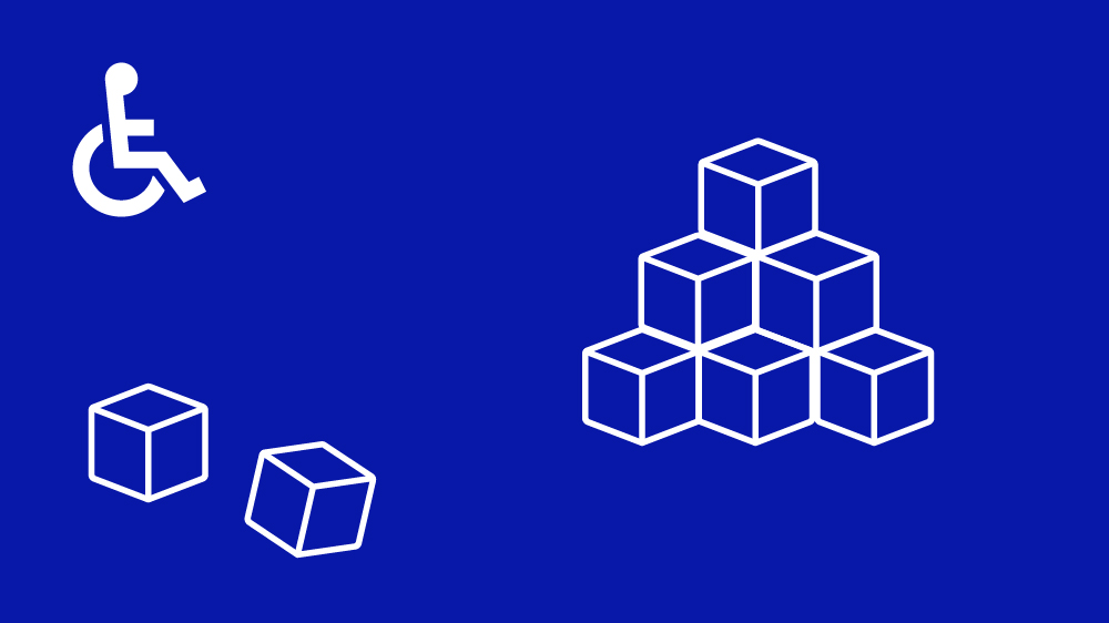 Sechs Würfel in Pyramide mit zwei Würfeln links davon auf blauem Hintergrund